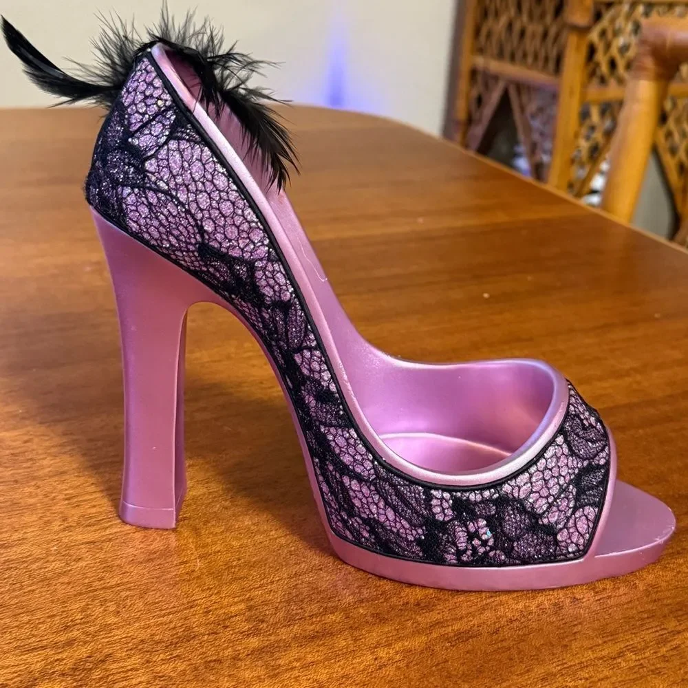 Evergreen Lace High Heel Wine Holder Purple and Black with Feather Accent